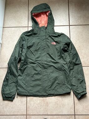 The North Face Olive Green Hooded Jacket with Coral Lining